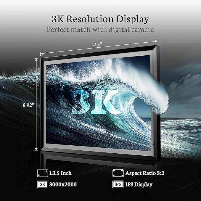BSIMB 13.5 Inch Digital Picture Frame, 3K Resolution Ultimate Clarity Touch Screen Large WiFi Electronic Photo Frame Display 32GB, Share Pictures/Videos via App/USB/SD Easy Setup Gifts for Mom, Black