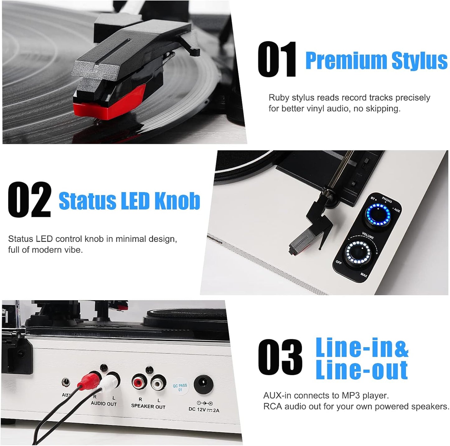 Vinyl Record Player with External Speakers, 3 Speed Vintage Belt Drive Turntable Record Player with Stereo Speakers RCA Audio Out and Aux-in, White Wood