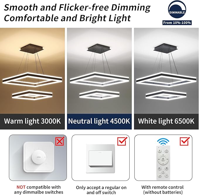 Modern Chandeliers for Living Room, 2 Ring Square LED Pendant Light Fixture, 3000K-6500K Dimmable Dining Room Ceiling Hanging Light Over Table, Modern Kitchen Island Lighting Adjustable Height