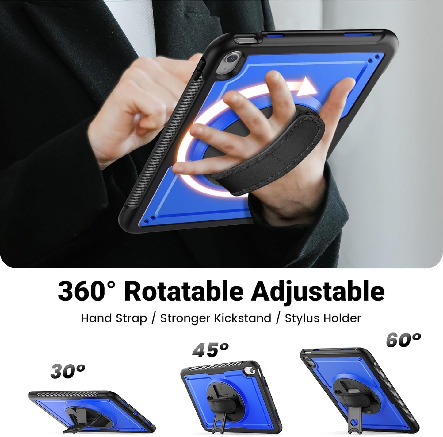 SCSVPN Case for iPad (A16) 11th Generation 11 Inch 2025 / 10th Generation 10.9 Inch 2022, Shockproof Protective Case with Screen Protector, Pencil Holder, Rotating Stand, Hand/Shoulder Strap - Blue