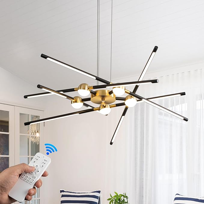 Modern Black chandelier,Sputnik Chandelier 10-Lights Dimmable Pluggable Hanging Ceiling Light Embedded Installation Fixture, Gold LED Pendant Light for Kitchen Island,Living Room Decoration