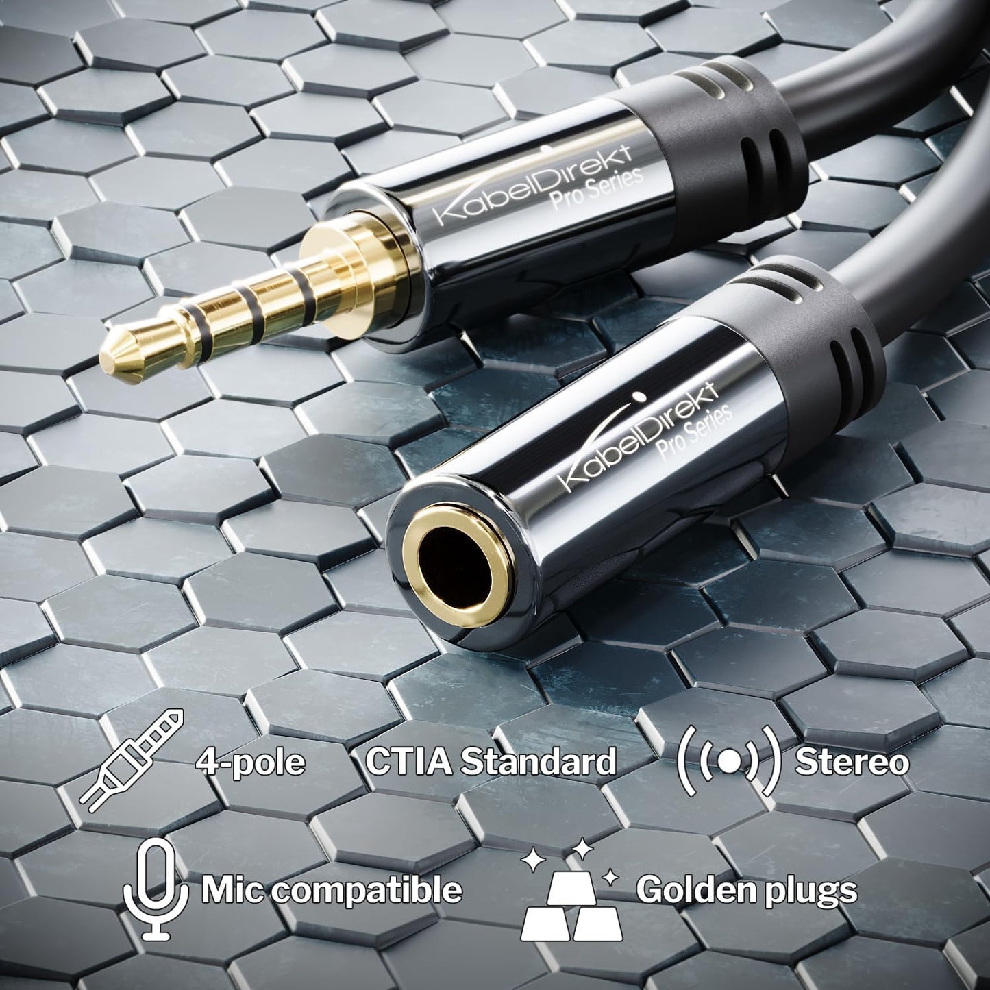 KabelDirekt – Headset Extension Cable – 20ft – Headphone Extension Cord with Break-Proof Metal Plug for Gaming Headsets & Headphones with Microphone, TRRS, 4-Pole, 3.5mm Male to Female