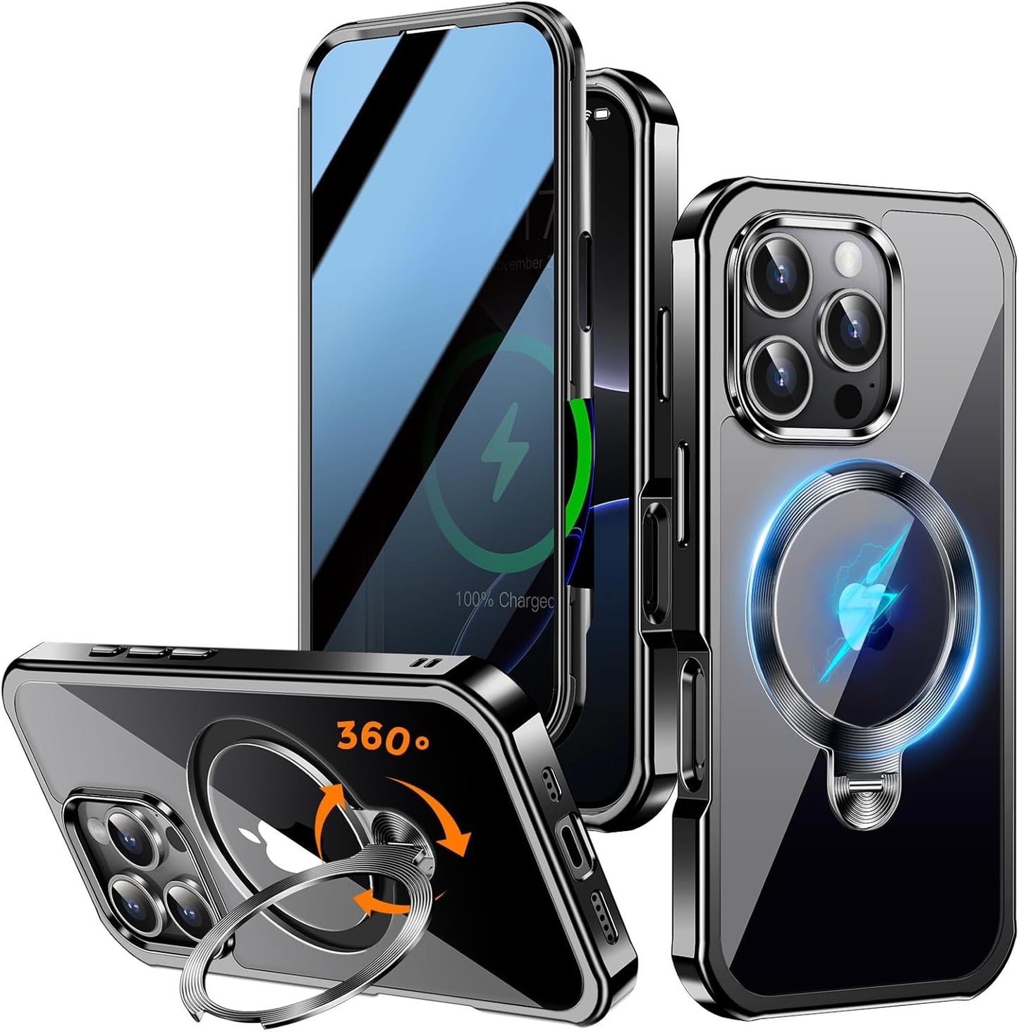 [360° Rotatable CD Stand & Built-in Privacy Screen Magnetic Case for iPhone 16 Pro [Compatible with MagSafe & Full Signal] Mil-Grade Shockproof Full Body Anti-Spy Cover for 16 Pro-Black