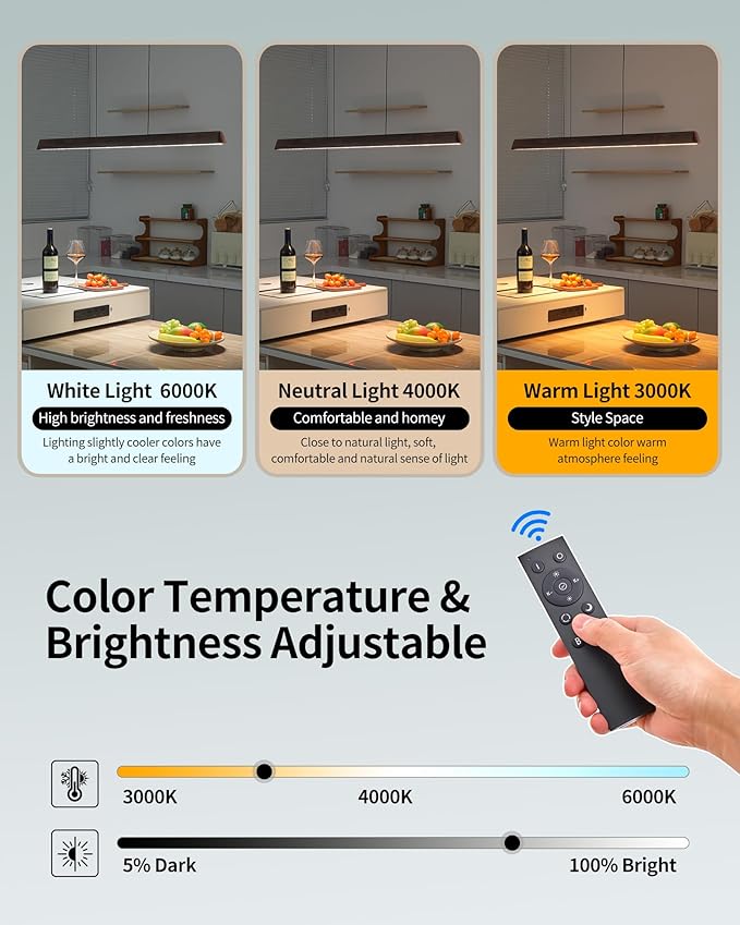 45" Wood Linear Pendant Light, Dimmable Kitchen Island Lighting with Remote, 30W LED Island Lights for Kitchen, Adjustable Linear Chandelier for Dinning Room Light Fixture, Bar, Pool Table - Walnut
