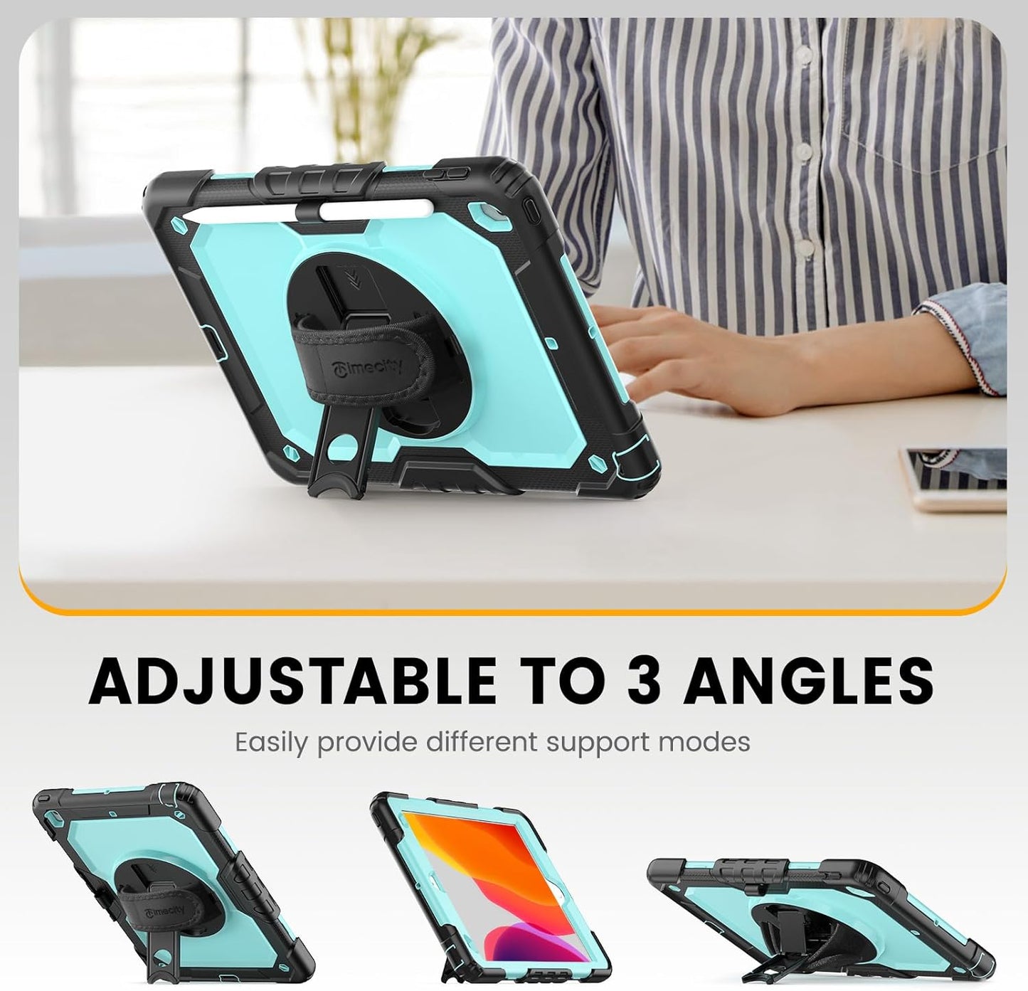 Timecity Case for iPad 9th/ 8th/ 7th Generation 10.2 inch - Heavy Duty Protective Cover with Screen Protector, Rotating Stand, Shoulder Strap & Pencil Holder | Kids-Friendly (Blue)