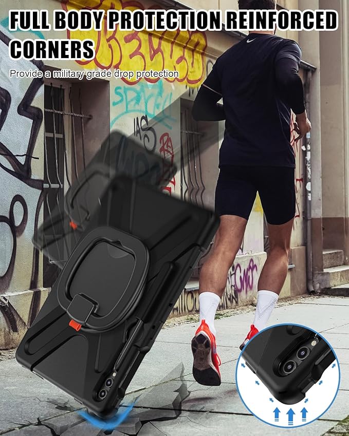 BRAECN Galaxy Tab S9+/S8+/S7+ Case, Heavy Duty Silicone with S Pen Holder, Stable Kickstand/Handle, Shoulder Strap for Samsung Tab S9 Plus 2023-Black