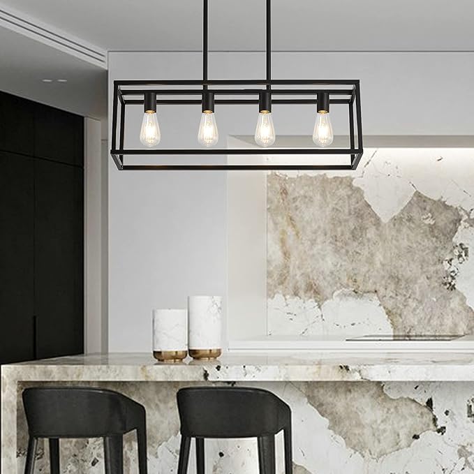 XILICON Contemporary Chandeliers Black 4 Light Modern Vintage Dining Room Lighting Fixtures Hanging, Kitchen Island Linear Pendant Lights Farmhouse Flush Mount Ceiling Light
