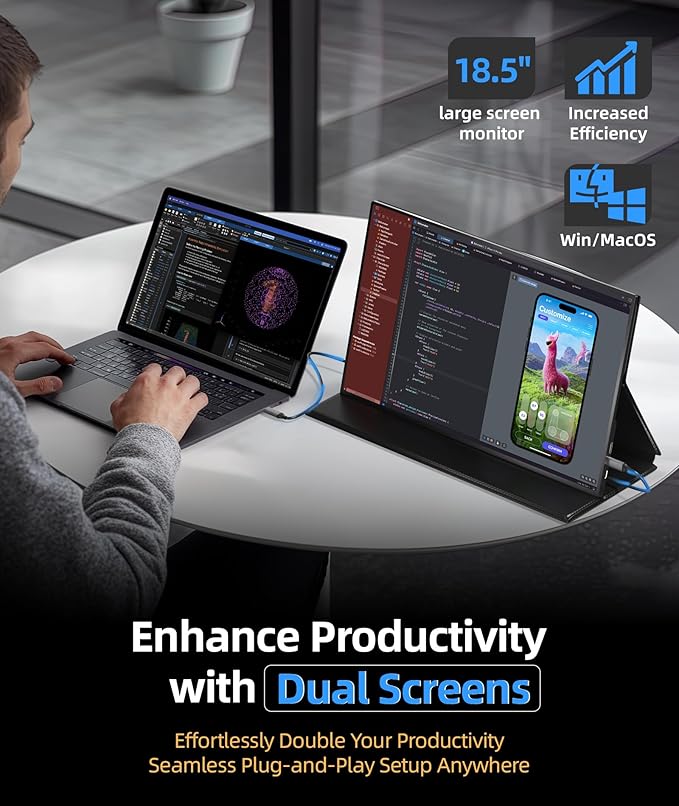 Ingnok Portable Monitor, 18.5 Inch FHD 1080P 100% sRGB Laptop Screen Extender USB C HDMI Portable Gaming Monitor w/Smart Cover & Speakers, External Monitor for Laptop Mac PC