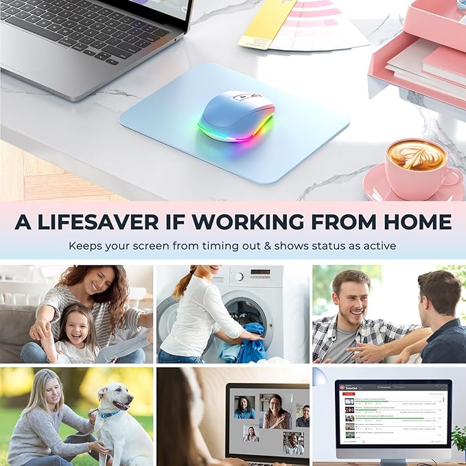 PEIOUS Wireless Mouse Jiggler - LED Wireless Mice with Build-in Mouse Mover, Rechargeable Moving Mouse for Laptop with Undetectable Random Movement Keeps Computers Awake - Blue to Pink