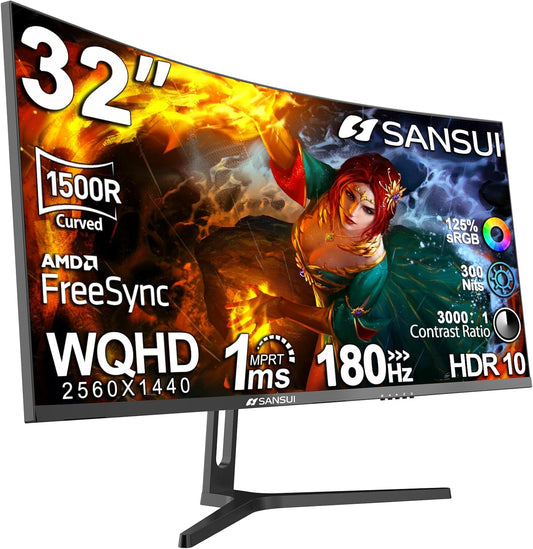 SANSUI 32-Inch Curved Gaming Monitor WQHD 2560 x 1440 180Hz Curved 1500R -1ms(OD), HDR, 300nits, sRGB 125%, DCI-P3 95%, FreeSync, HDMI x2, DP1.2x2(DP Cable Included)