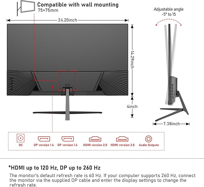 Gawfolk 27 Inch Gaming Monitor QHD (2560x1440), 260Hz, IPS Panel, 1ms Response Time, G-Sync & Freesync Compatible,Wall Mount Compatible 75 * 75mm,Black
