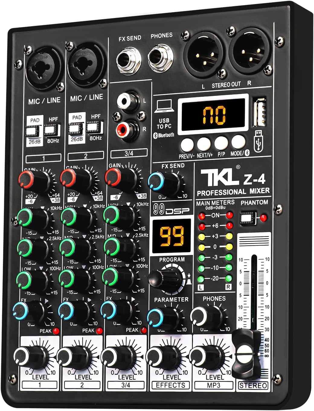4 Channel Audio Mixer, Professional DJ Mixer Sound Board Mixing Console with 99-Bit DSP Effect, Bluetooth USB Interface Stereo Mixer Board with 48V Phantom Power For Recording Live Stream