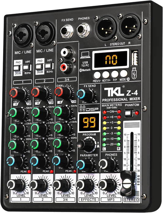 4 Channel Audio Mixer, Professional DJ Mixer Sound Board Mixing Console with 99-Bit DSP Effect, Bluetooth USB Interface Stereo Mixer Board with 48V Phantom Power For Recording Live Stream