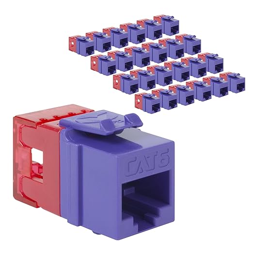 ICC CAT6 Keystone Jack with Slim Profile 180 Degree Punch Down, RJ45 UL Listed PoE++ TAA Compliant for Wall Plate or Patch Panel, Works with JackEasy Termination Tool, Purple 25 Pack