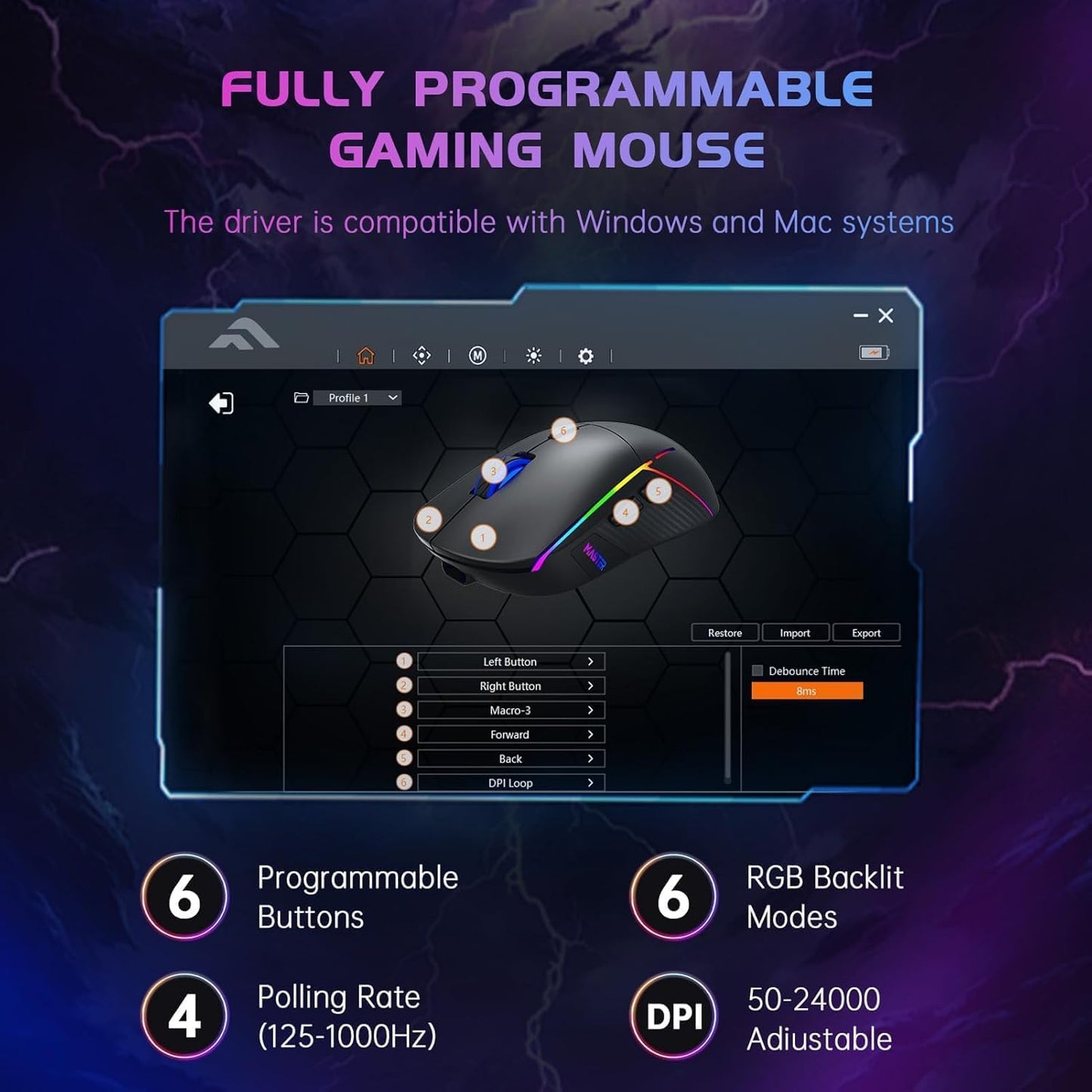 FFJ Wireless Gaming Mouse, 24000 DPI, Tri-Mode 2.4G/USB-C/Bluetooth 5.3 Gaming Mouse Wireless, RGB Programmable Mouse Gamer, 75Hrs Battery Life, Rechargeable Gaming Mice for PC, Mac, Xbox - Black