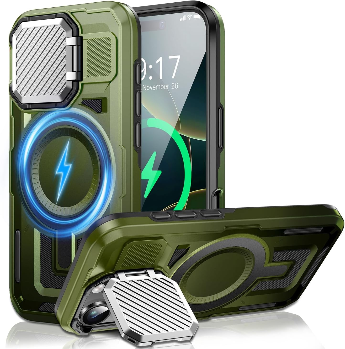 Camera Stand Case for iPhone 16 Pro Max, [Compatible with Mag Safe] [Lens Cover] 2024 Version Military Grade Protective Soft Case for iPhone 16 Pro Max 6.9 inch Men Women, Green