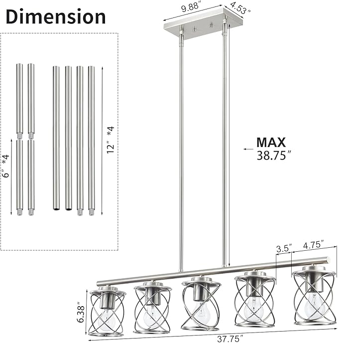 Kitchen Island Light, 5-Light Dining Room Lighting Fixtures Hanging, Farmhouse Linear Pendant Light for Kitchen Island Table Living Room with Adjustable Rods, Brushed Nickel