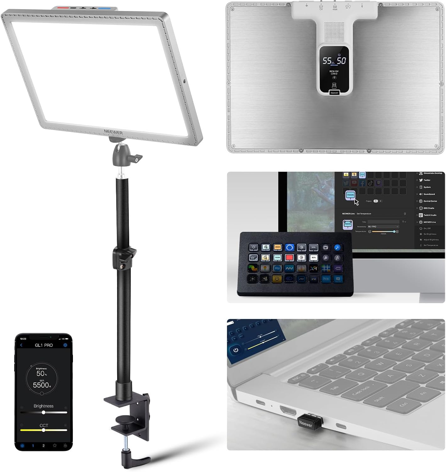 NEEWER GL1 PRO 15.5" Key Light Streaming Light, Video Light with 2.4G PC/Mac iOS/Android APP Control, 2800LM LED Panel Light with Desk Clamp Compatible with Elgato Stream Deck for Gaming Zoom, Silver