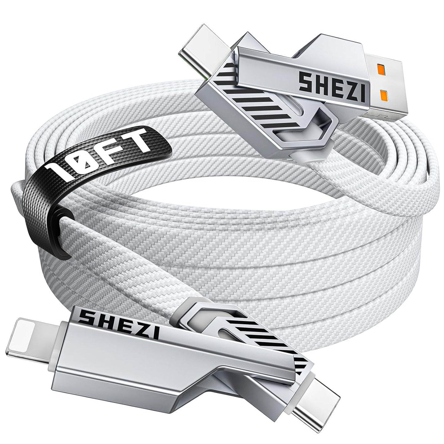 SHEZI [Upgraded 2.0] 4-in-1 USB C Cable 60W 10FT Fast Charging [480Mbps Data Sync] Flat Nylon Braided Charger Cord Combo, USB A/C to C/L Multi Charge Cable for iPhone/iPad & Most Devices, Silver