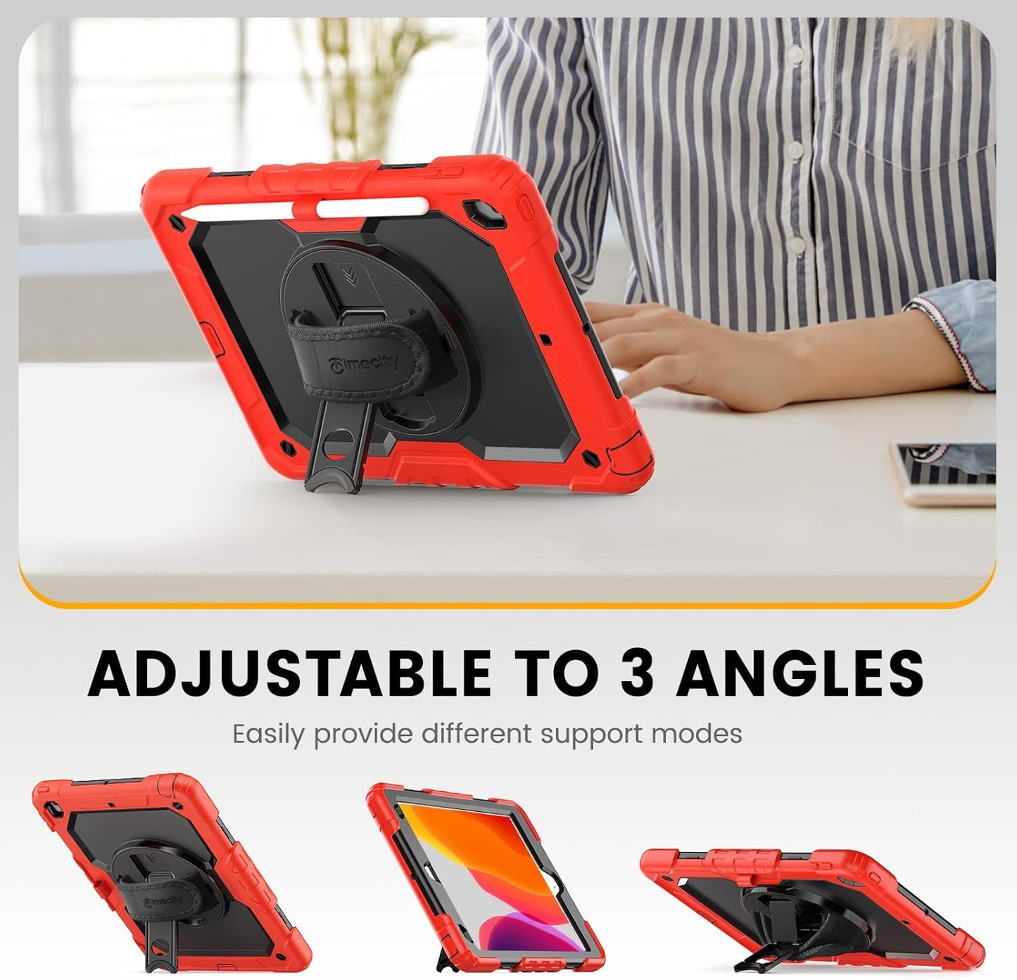 Timecity Case for iPad 9th/ 8th/ 7th Generation 10.2 inch - Heavy Duty Protective Cover with Screen Protector, Rotating Stand, Shoulder Strap & Pencil Holder | Kids-Friendly (Red)