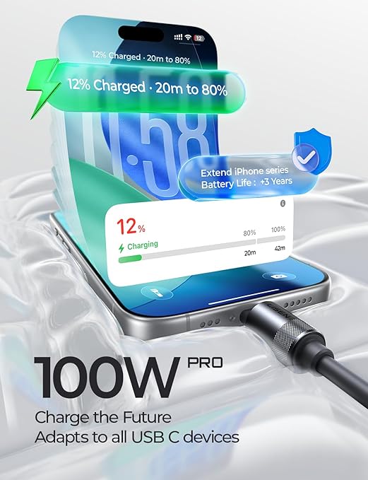 LISEN USB C Cable Charger Type C (10FT,100W) Soft Silicone USBC to USBC for Switch 2 iPhone 16 Pro Max Charger Cord, iPhone 15, MacBook Pro/Air, iPad Pro/Air, Samsung S25, Black