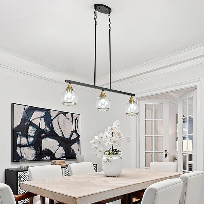 Island Light for Kitchen, 3-Light Black and Gold Kitchen Island Farmhouse Linear Hanging Pendant Chandeliers, Matte Black Dining Room Light Fixture Over Table with Clear Round Glass Shades