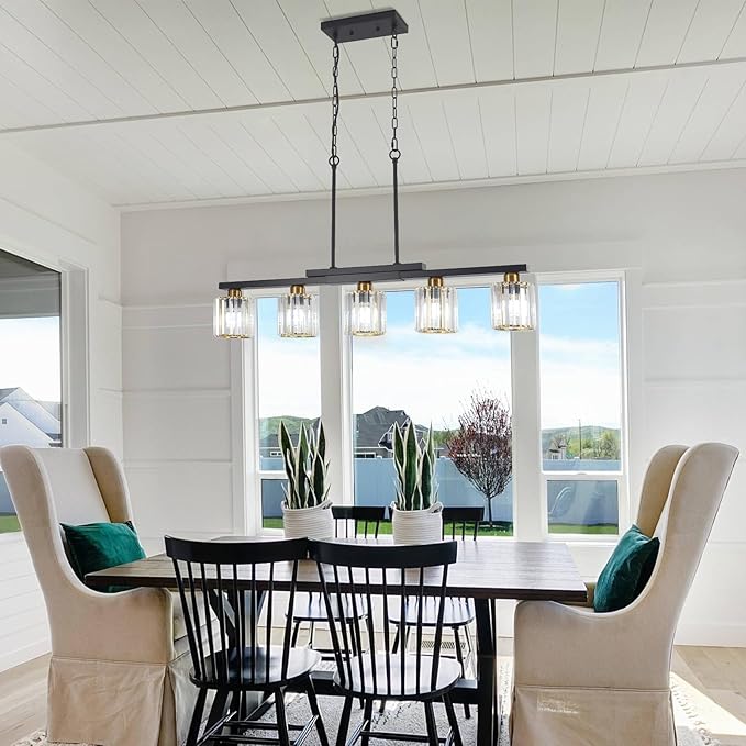Kitchen Island Light Fixtures ，5 Lights Black and Gold Chandeliers for Dining Room Over Table, Modern Luxury Crystals Pendant Lighting Hanging