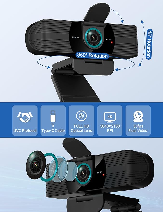 RUWBY UHD 4K Webcam with Built-in Dual Mics, Wide-Angle Lens, Privacy Cover, Tripod Stand, Autofocus PC Camera, Plug and Play for Desktop Computer or Laptop