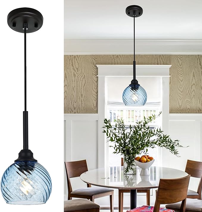 Kitchen Pendant Lighting Over Sink 1-Light Hanging Lights for Kitchen Blue Glass Pendant Lights with Striped Swirl Glass Shade, Suit for Dining Room Bar Hallway