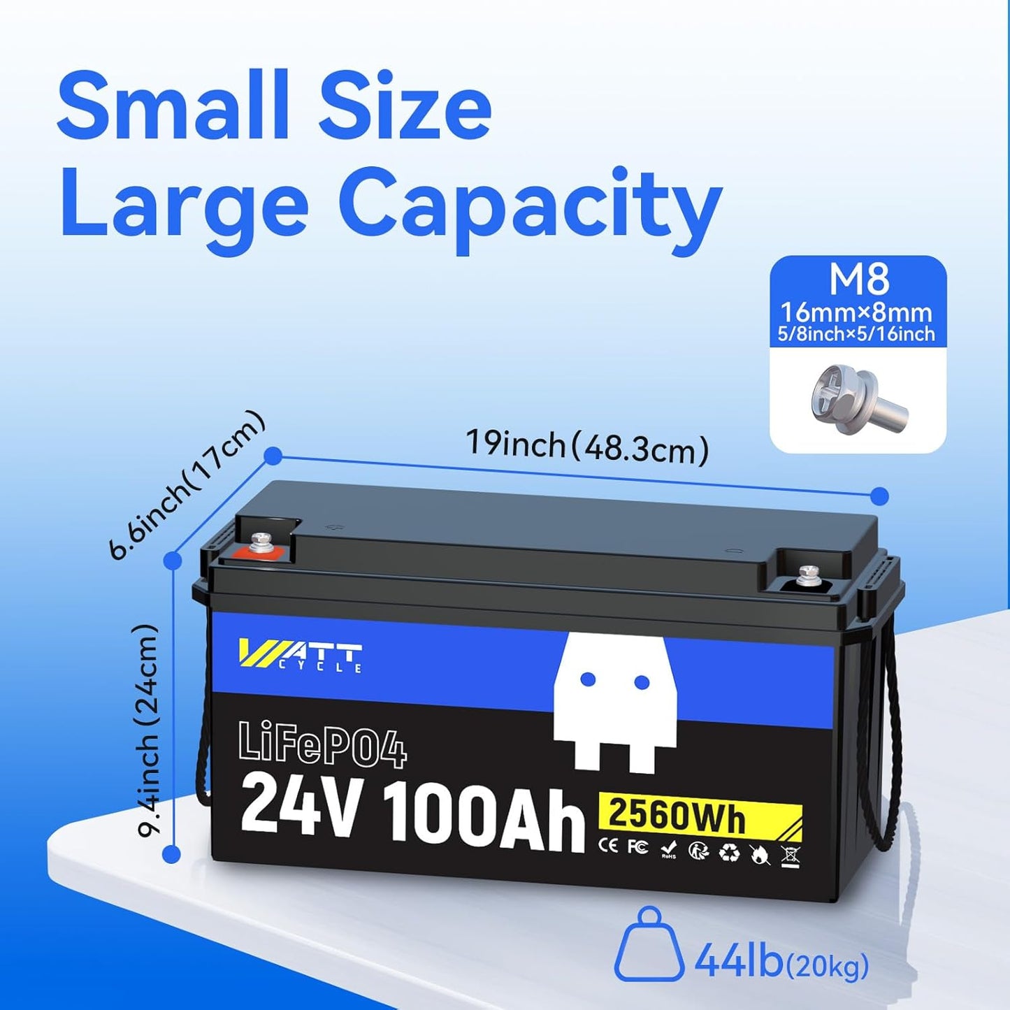 24V 100Ah LiFePO4 Lithium Rechargeable Battery, Max.2560Wh, Built-in 100A BMS, A+ Cells, Low-Temperature Protection, Higher Power Output Efficiency - Ideal for RVs, Other 24V Equipment