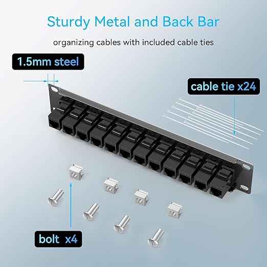 Mini Patch Panel 12 Port Cat6a with Coupler Keystone, Cat6 Network Panel 10G No Punch Down, Time-Saver Ethernet 1U Rj45 Panel, Rackmount 10 Inch Patch Panel