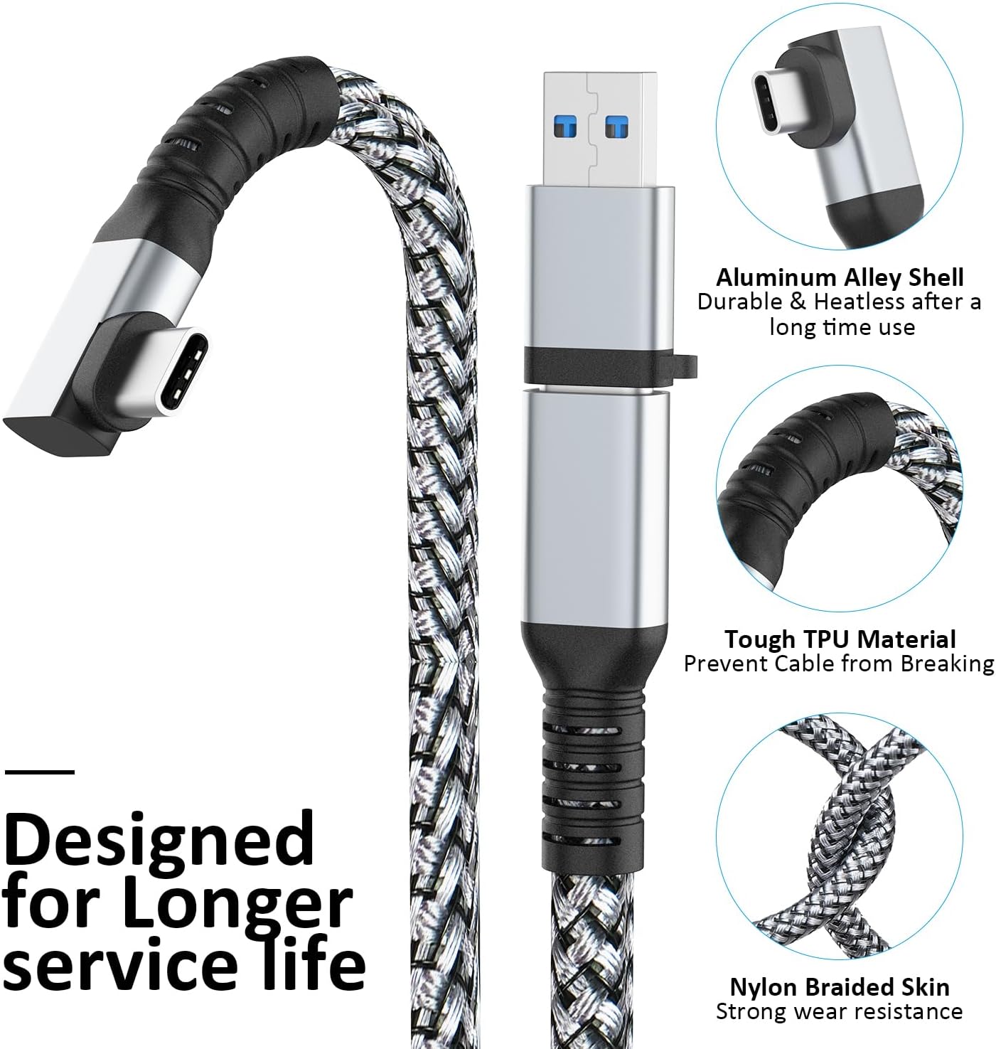 Link Cable 16FT VR Cable Compatible with Meta Oculus Quest 2/Quest 3S/Quest 3/Pro Pico, Nylon Braided Accessories and Gaming PC Steam VR, USB 3.0 Data Transfer Type C Cable, for VR Headset