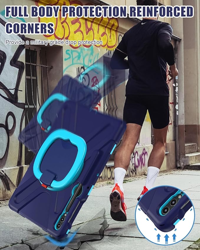 BRAECN Case for Samsung Galaxy Tab S9 FE+ Plus/S9+ Plus/S8+ Plus/S7 FE/S7+ Plus 12.4 Inch, Rugged Silicone Cover with Handle Grip, Kickstand, Shoulder Strap, S Pen Holder, Navy Blue