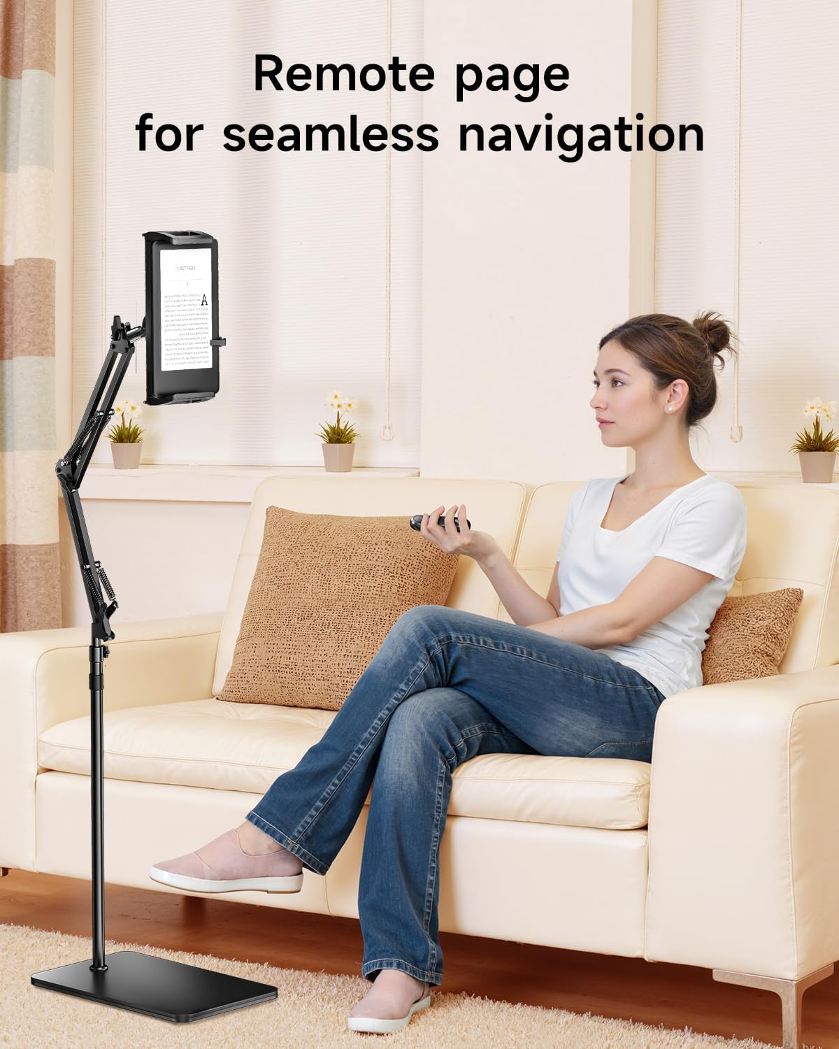 Floor Stand for Kindle with Remote Page Turner, Holder Stand for Reading in Bed with Clicker – for Kindle Paperwhite, Oasis,Tablet, iPhone and More 4.7-11 inch, Black Remote