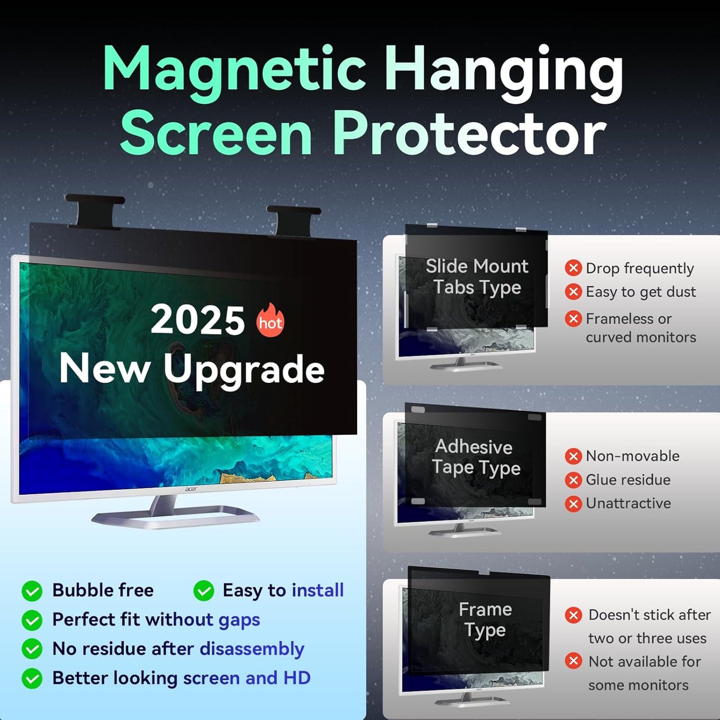 [2 Pack] Magnetic 21.5 Inch Computer Privacy Screen for 16:9 Aspect Ratio Widescreen Monitor, Hanging Eye Protection Anti Glare Blue Light Computer Monitor Privacy Filter, Removable 21.5 in Protector Film