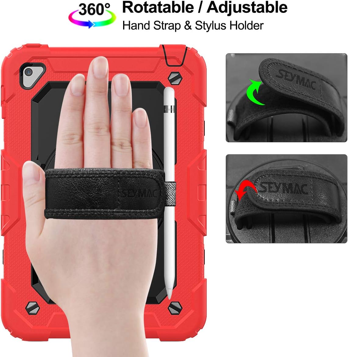 SEYMAC stock Case for iPad mini 5/4 with Screen Protector Pencil Holder [360 Rotating Hand Strap] & Stand, Drop-Proof Case for iPad mini 5th/4th Generation 7.9 inch (Black+Red)