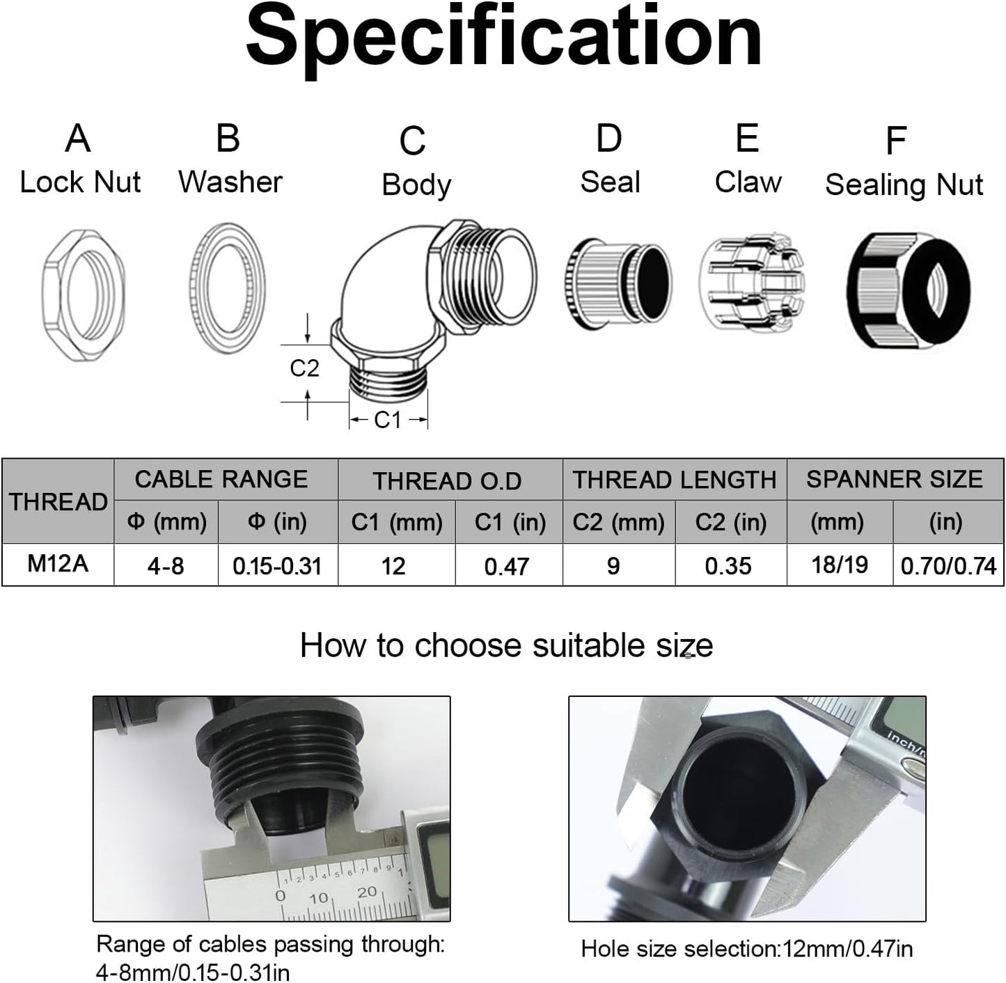LeMotech M12 Cable Gland, 90 Degree Adjustable 4-8mm Strain Relief, Cord Connectors Nylon Joints with Gaskets, 6 Pcs, Black