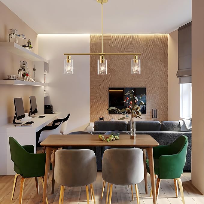 Kitchen Island Lighting, Linear Chandeliers Rectangle Pendant Light Fixtures for Dining Room Farmhouse Hanging Light with Glass Shades (Gold, 3 Lights)