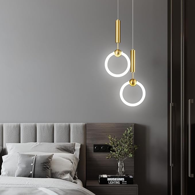 Modern LED Pendant Light Fixtures, Simplicity Gold Pendant Lighting,Circular Hanging Chandelier for Kitchen Island Dining Room Bedroom Entryway Hallway(Gold-2-Light)