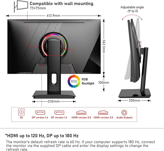 Gawfolk 27 inch 2K QHD(2560×1440) PC Screen, 180Hz Gaming Monitor, 1ms Without Bezel, FreeSync,100% sRGB, 178° Wide Viewing Angle, HDMI2.0、DisplayPort, 75 * 75MM Wall Mount Compatible - Black