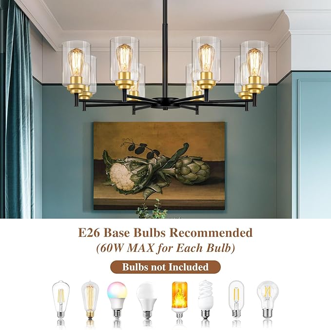 Sucolite 33.5'' 8-Light Chandelier for Dining Room Kitchen Island, Modern Farmhouse Pendant Lighting with Glass Shades Industrial Black Hanging Ceiling Light Fixture for Living Room, Height Adjustable
