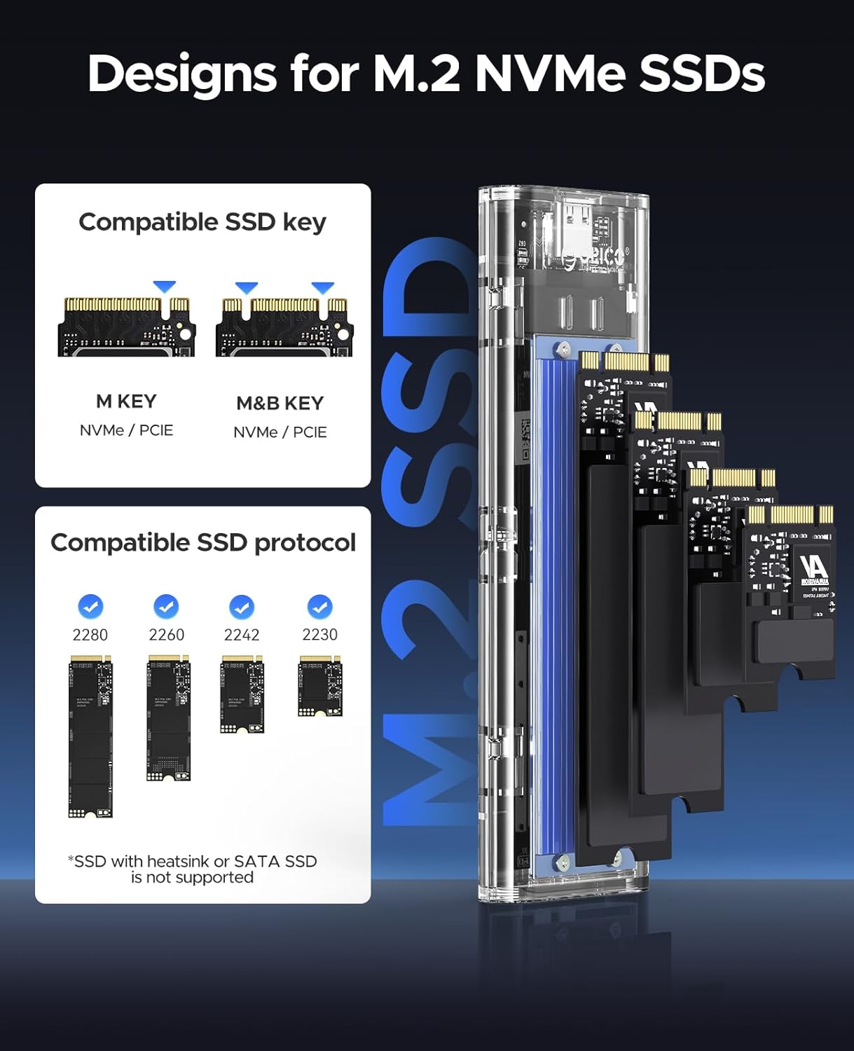 ORICO M.2 NVMe SSD Enclosure, USB 3.2 Gen 2 (10 Gbps), Transparent External Solid State Drive Adapter Enclosure for 2280 2260 2242 2230 PCI-E M2 M-Key SSD, USB Type C Converter Case-TCM2 Blue