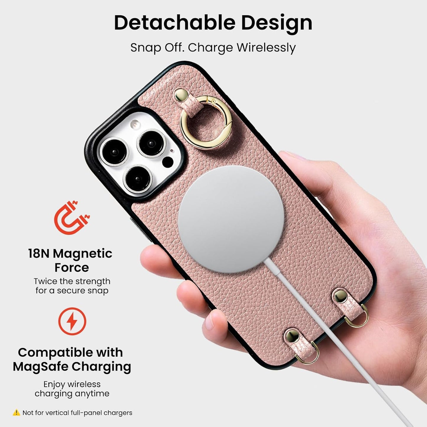 ORNARTO Magnetic Detachable Wallet Case for iPhone 16 Pro, [Compatible with MagSafe], Crossbody Wallet Case with Card Holder Wrist Strap, RFID Blocking PU Leather Wallet Phone Cover 6.3", Pink