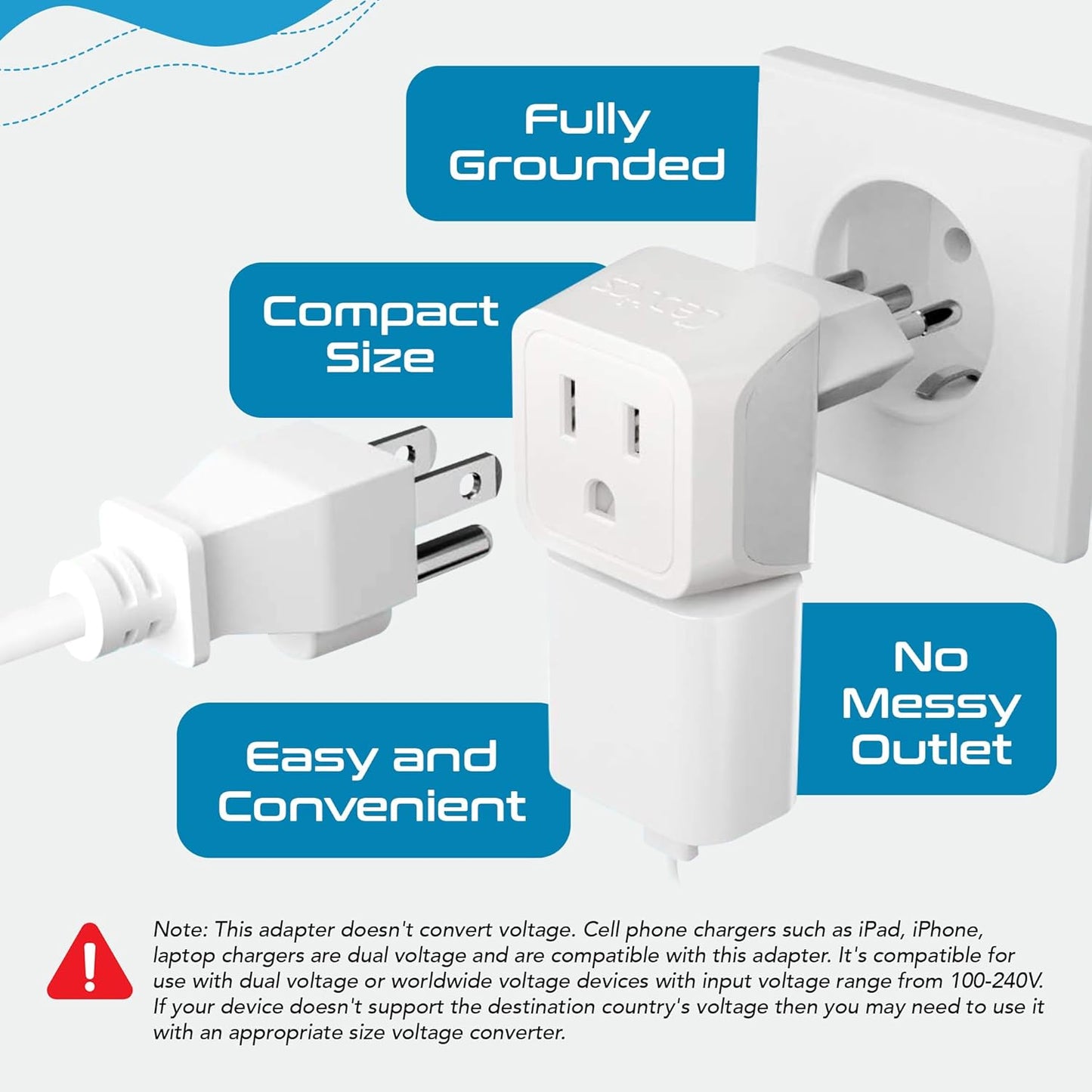 Ceptics Italy Travel Plug Adapter, Chile Plug Adapter with Dual USA Input, Compact Type L Plug Adapter, Safe Grounded Plug, Perfect for Cell Phones, Laptops, Chargers, 3 Pack - CT-12A