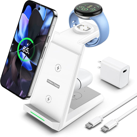 NANAMI Wireless Charger for Google - 3 in 1 Wireless Charging Station Fast Charger Stand Dock for Pixel 9 Pro XL/9/Fold/8/7/7A/6,Buds Pro 2/Pro, Watch 3/2,Fitbit Versa 4/Sense 2(Not for Pixel Watch 1)