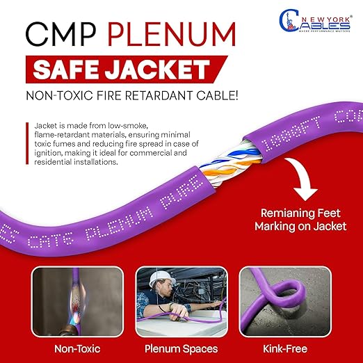 NewYork Cables CAT6 Plenum Cable 1000ft | 100% Solid Bare Copper, UTP, 550MHz, 23AWG, 4Pair 10GB Ethernet Cable, Certified CMP-Rated Bulk Cat 6 for Networking & Gaming (1000ft, Pure Copper,Purple)