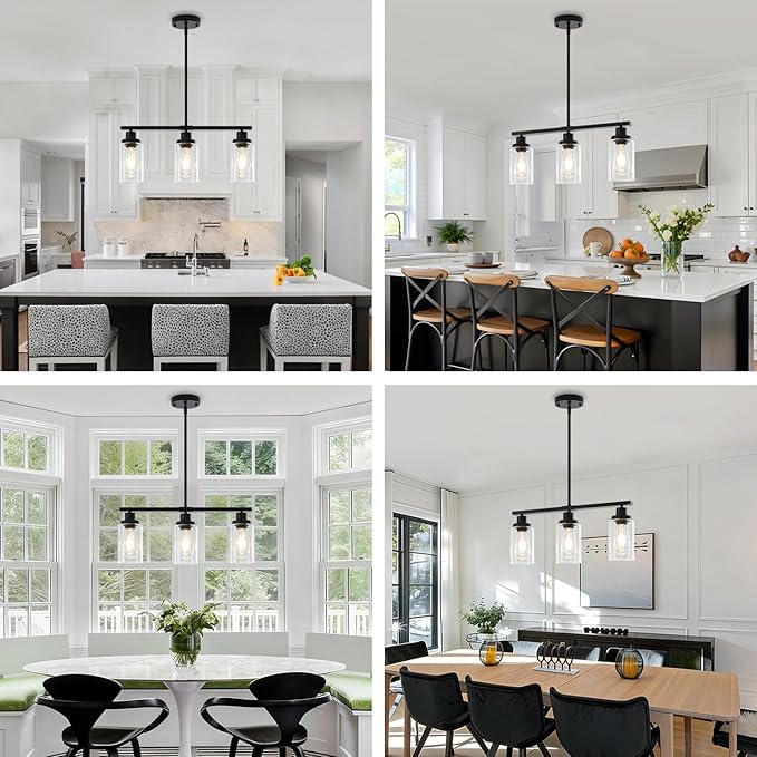 Modern Island Lights for Kitchen Black Dining Room Light Fixtures Over Table 3-Light Farmhouse Linear Chandelier Clear Glass Kitchen Lights Ceiling Adjustable Hanging Pendant Lighting Over Island