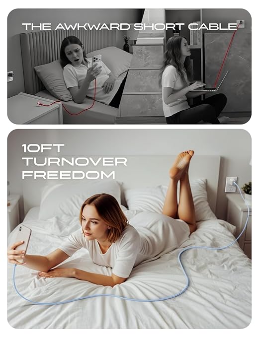 LISEN for iPhone Air 17 Charger Cord USB Cable 10FT, Chubby 100W Soft Silicone USB C to USB C Fast Charging Cable, Long USBC to USBC for iPhone 17 16 15, Samsung S25, MacBook Pro/Air, Blue