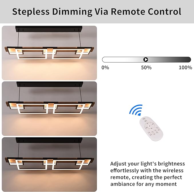 Vintage Wood LED Kitchen Island Light, 65W Stepless CCT Adjustable & Dimmable 47'' 2-Layer Wood Pendant Light Fixture with Remote, Ceiling Mounted Hanging Lamp for Dining Room, Bedroom，Black