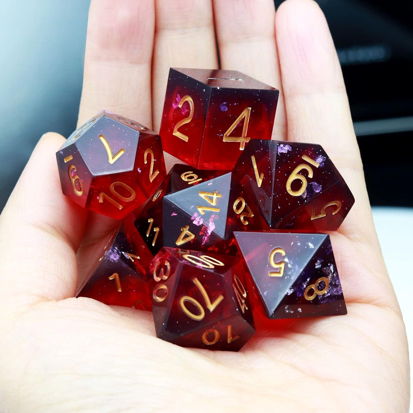 Haxtec Sharp Edge DND Dice Set Purple Red Resin Dice Silver Flakes D&D Dice for RPG Role Playing Games Compatible with Dungeons and Dragons Gift War Series